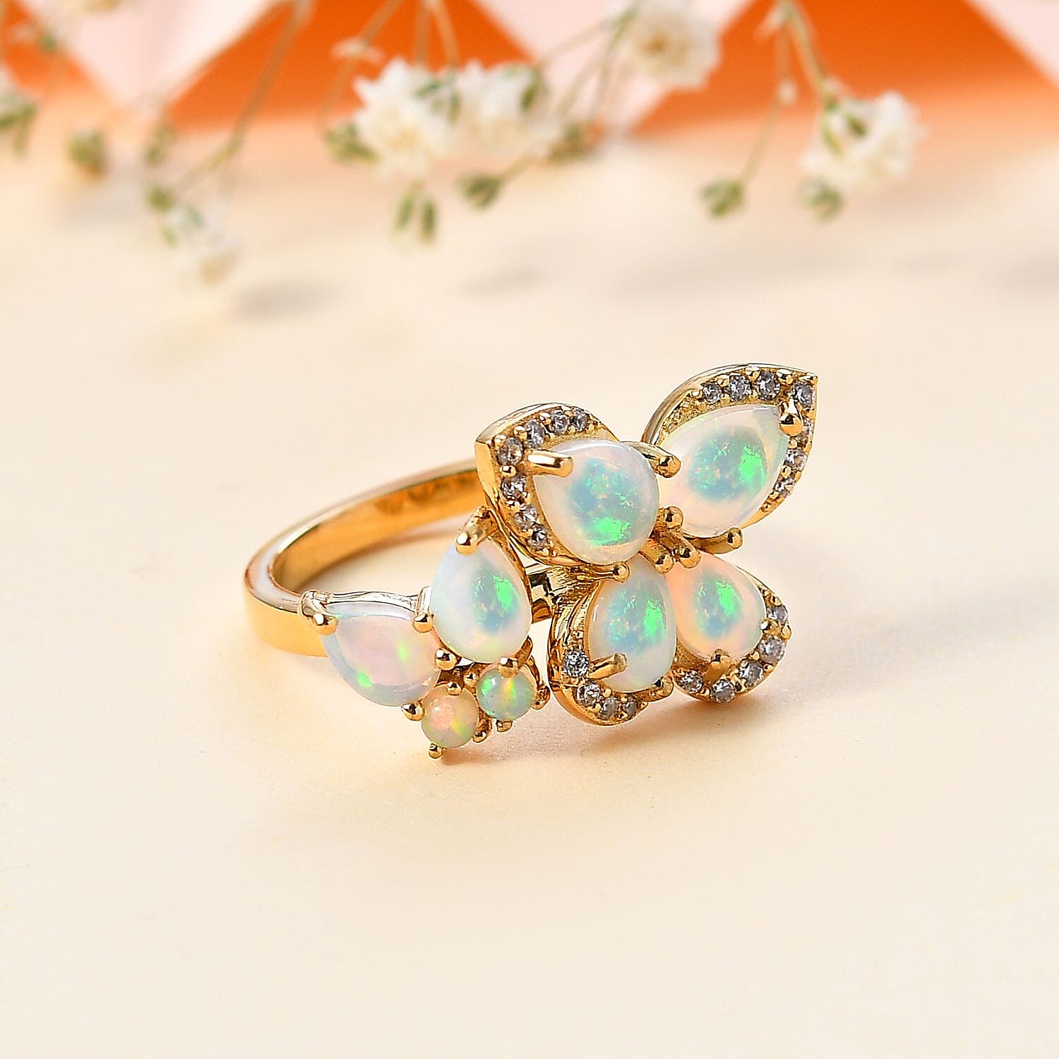 Ethiopian Welo Opal & Natural Zircon Floral Ring in 18K Vermeil Yellow Gold Plated Sterling Silver 2.28 Ct