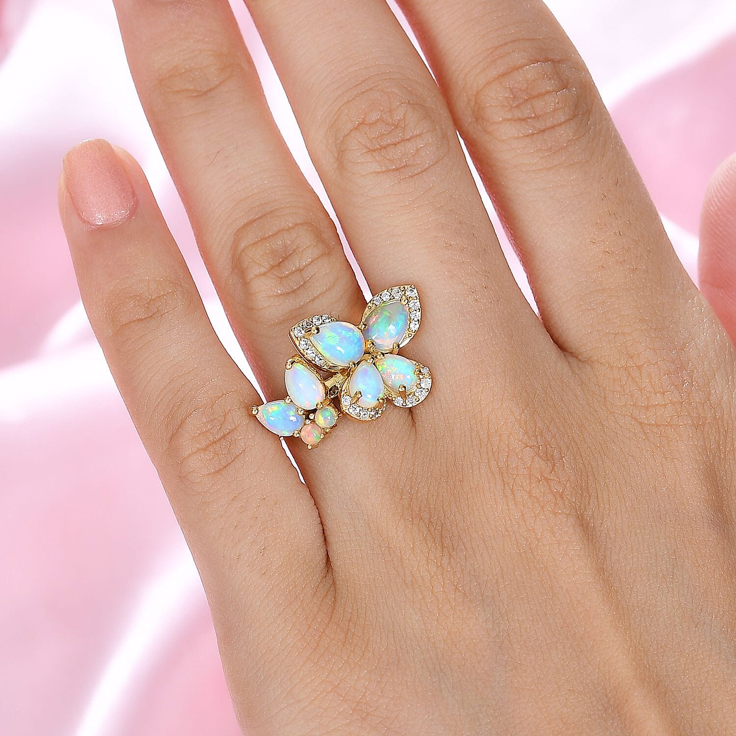 Ethiopian Welo Opal & Natural Zircon Floral Ring in 18K Vermeil Yellow Gold Plated Sterling Silver 2.28 Ct