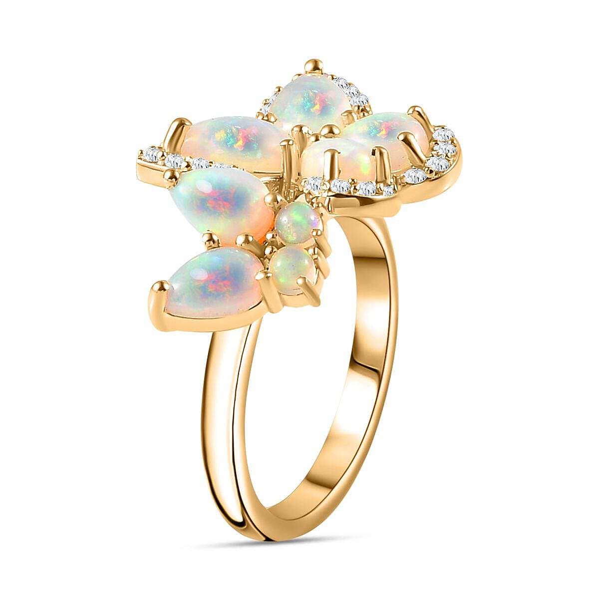 Ethiopian Welo Opal & Natural Zircon Floral Ring in 18K Vermeil Yellow Gold Plated Sterling Silver 2.28 Ct
