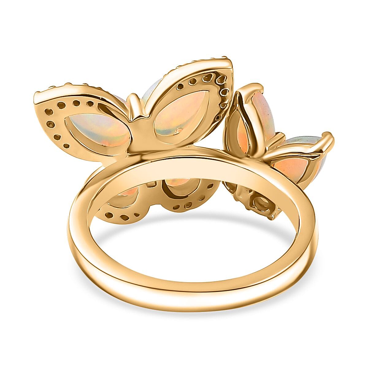 Ethiopian Welo Opal & Natural Zircon Floral Ring in 18K Vermeil Yellow Gold Plated Sterling Silver 2.28 Ct