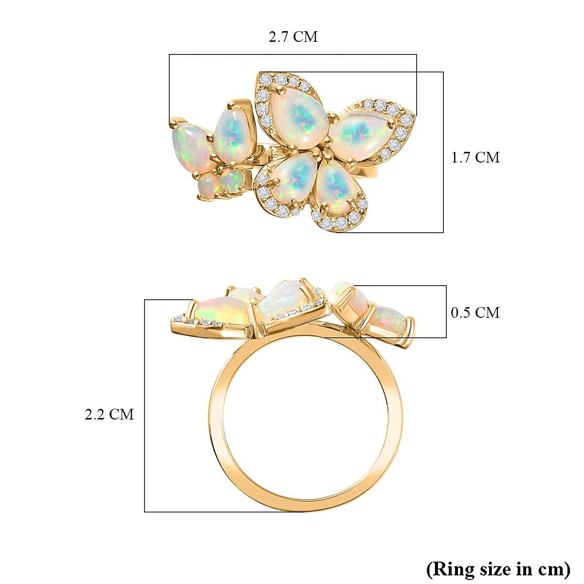 Ethiopian Welo Opal & Natural Zircon Floral Ring in 18K Vermeil Yellow Gold Plated Sterling Silver 2.28 Ct