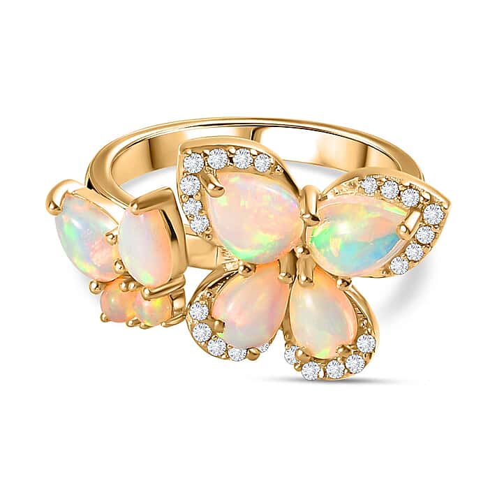 Ethiopian Opal, White Zircon Butterfly Cluster Ring in 18K Yellow Gold Vermeil Plated Sterling Silver 2.288 Ct.