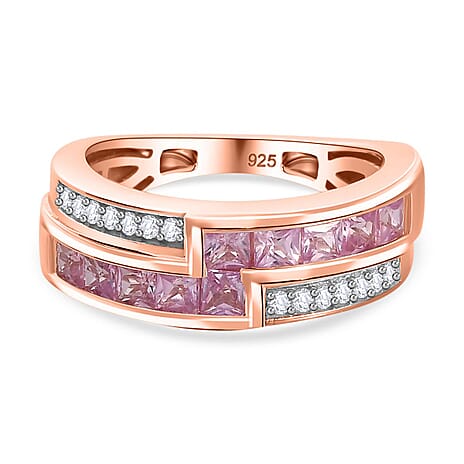 Madagascar Pink Sapphire & Natural Zircon Half-Eternity Band Ring in 18K RG Vermeil Plated Sterling Silver 1.20 Ct