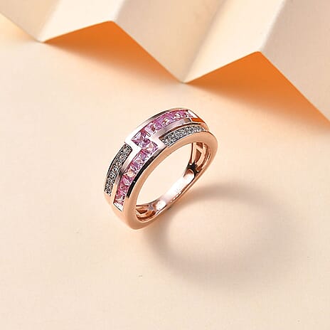 Madagascar Pink Sapphire & Natural Zircon Half-Eternity Band Ring in 18K RG Vermeil Plated Sterling Silver 1.20 Ct