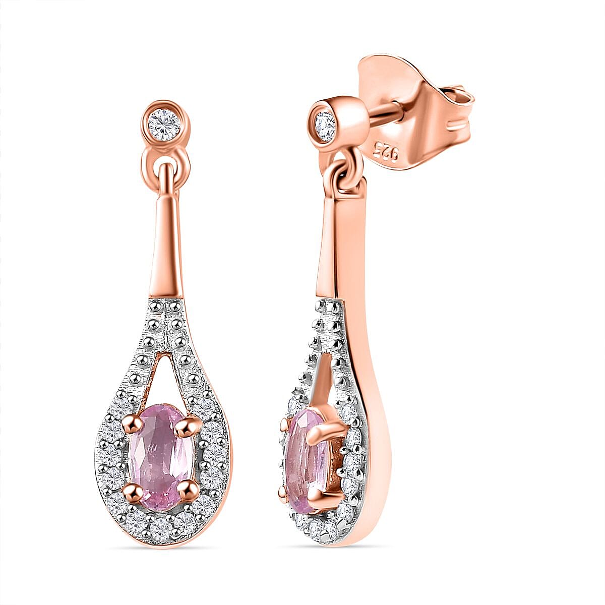 Pink Sapphire & Natural Zircon Dangle Earrings in 18K RG Vermeil Plated Sterling Silver