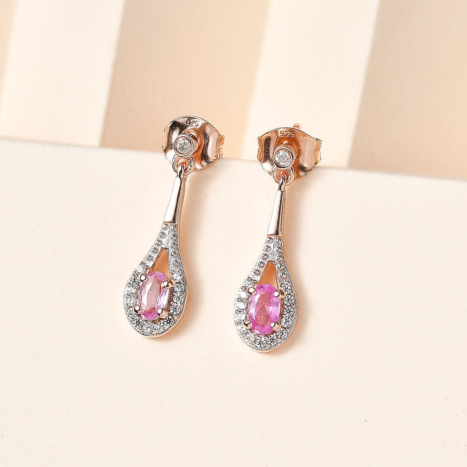 Pink Sapphire & Natural Zircon Dangle Earrings in 18K RG Vermeil Plated Sterling Silver