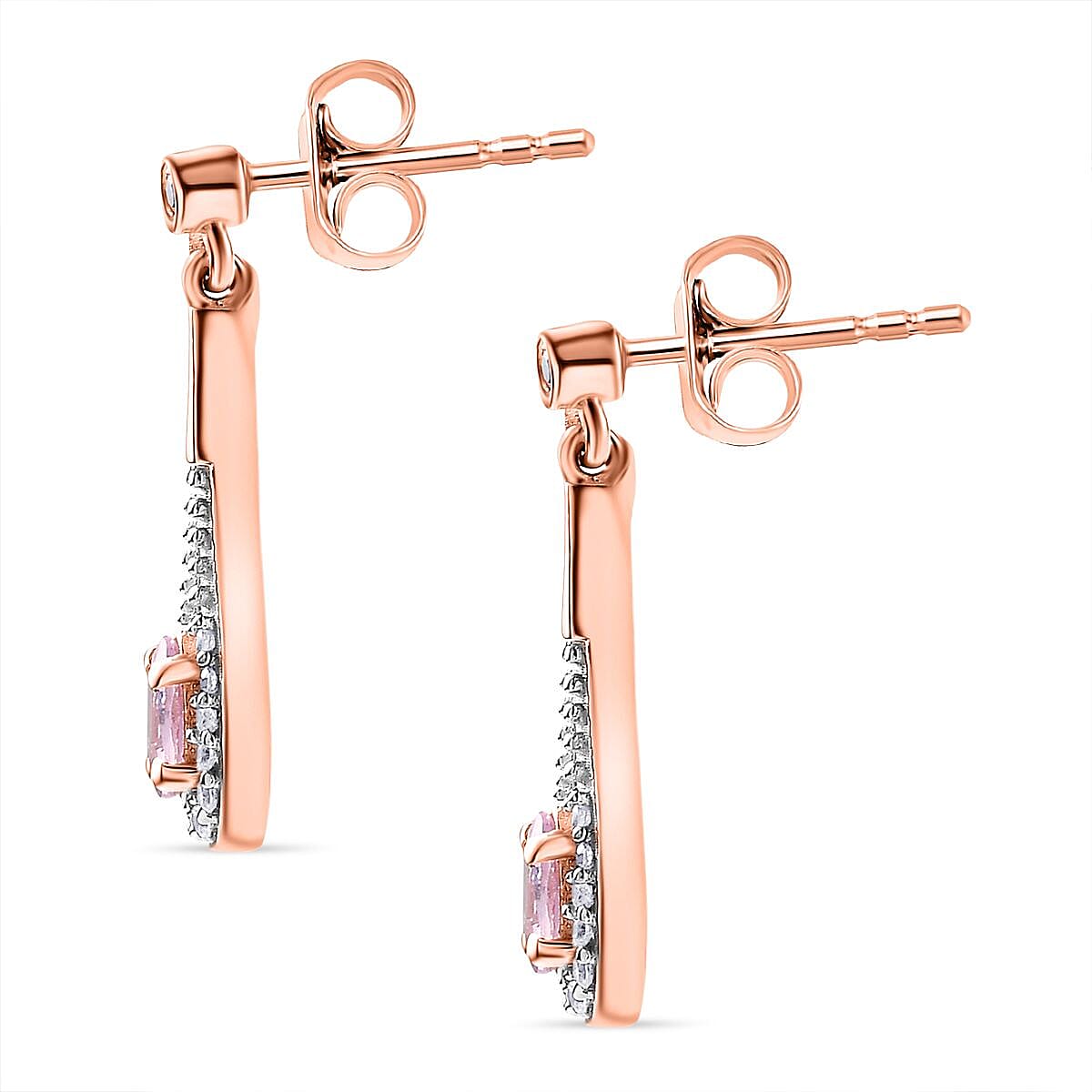 Pink Sapphire & Natural Zircon Dangle Earrings in 18K RG Vermeil Plated Sterling Silver