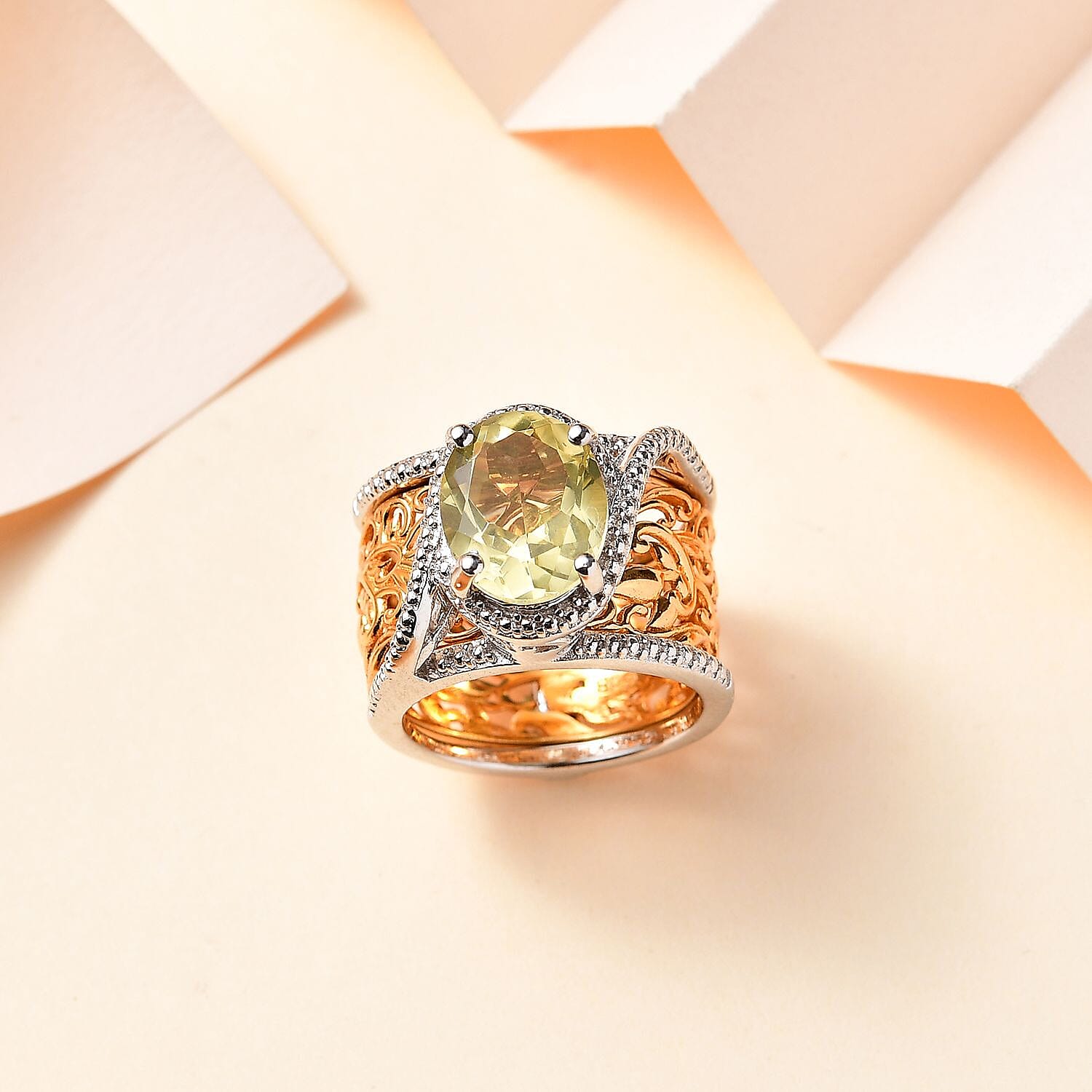 Natural Lemon Quartz Solitaire Set of 2 Filigree Rings in Two Tone 3.00 Ct