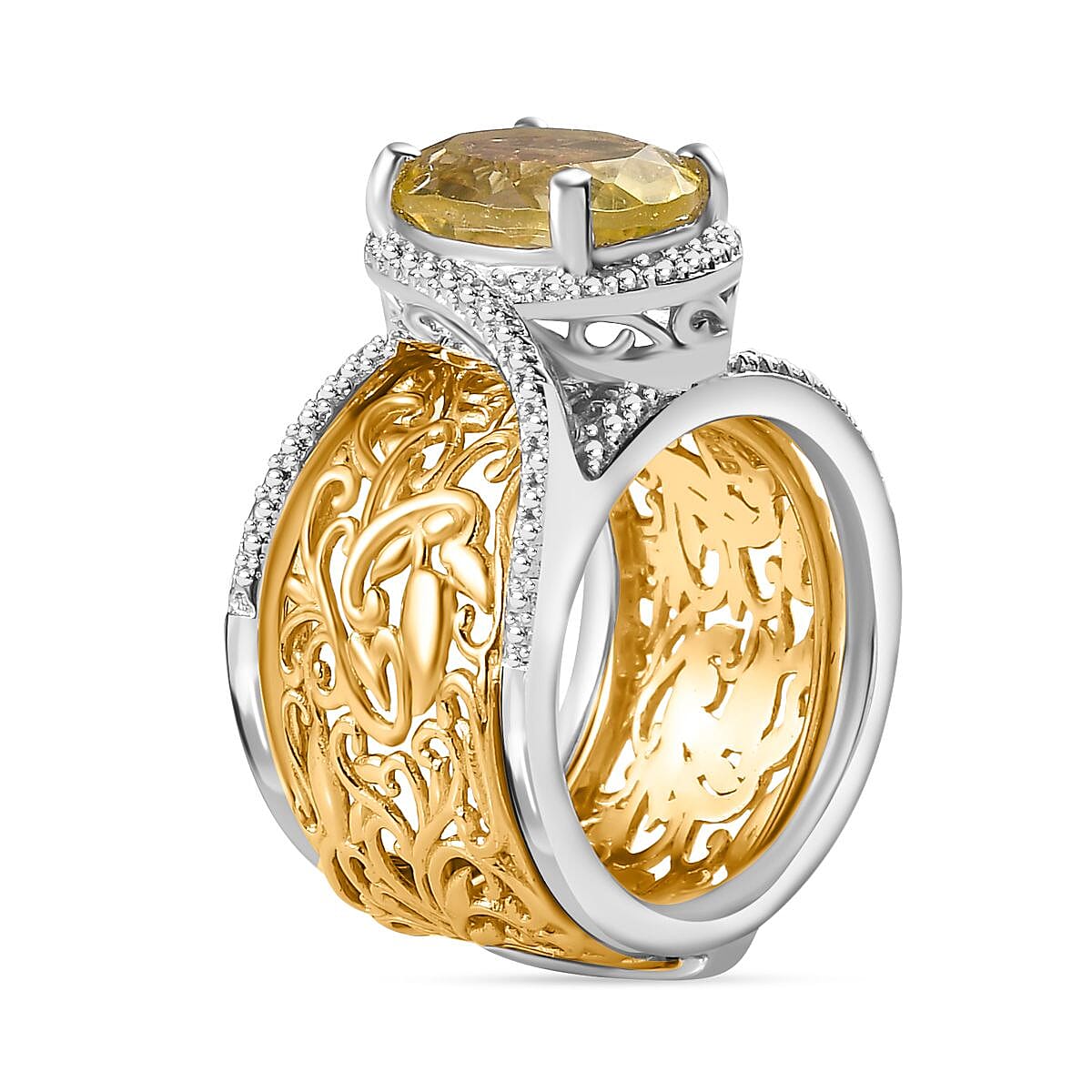 Natural Lemon Quartz Solitaire Set of 2 Filigree Rings in Two Tone 3.00 Ct
