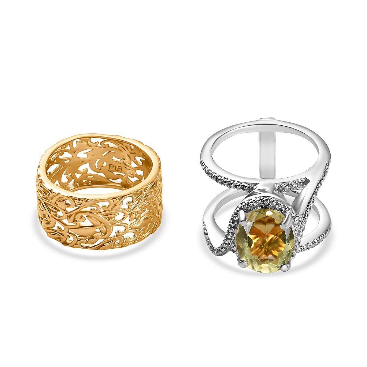 Natural Lemon Quartz Solitaire Set of 2 Filigree Rings in Two Tone 3.00 Ct
