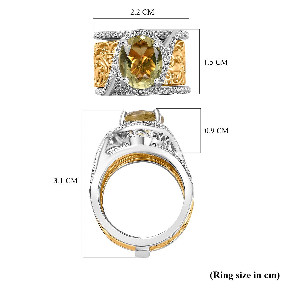 Natural Lemon Quartz Solitaire Set of 2 Filigree Rings in Two Tone 3.00 Ct