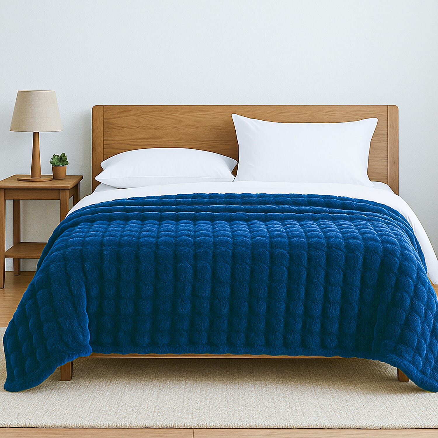 Faux Rabbit fur double layer blanket (Size 150 x 200 cm) - Navy & Cream