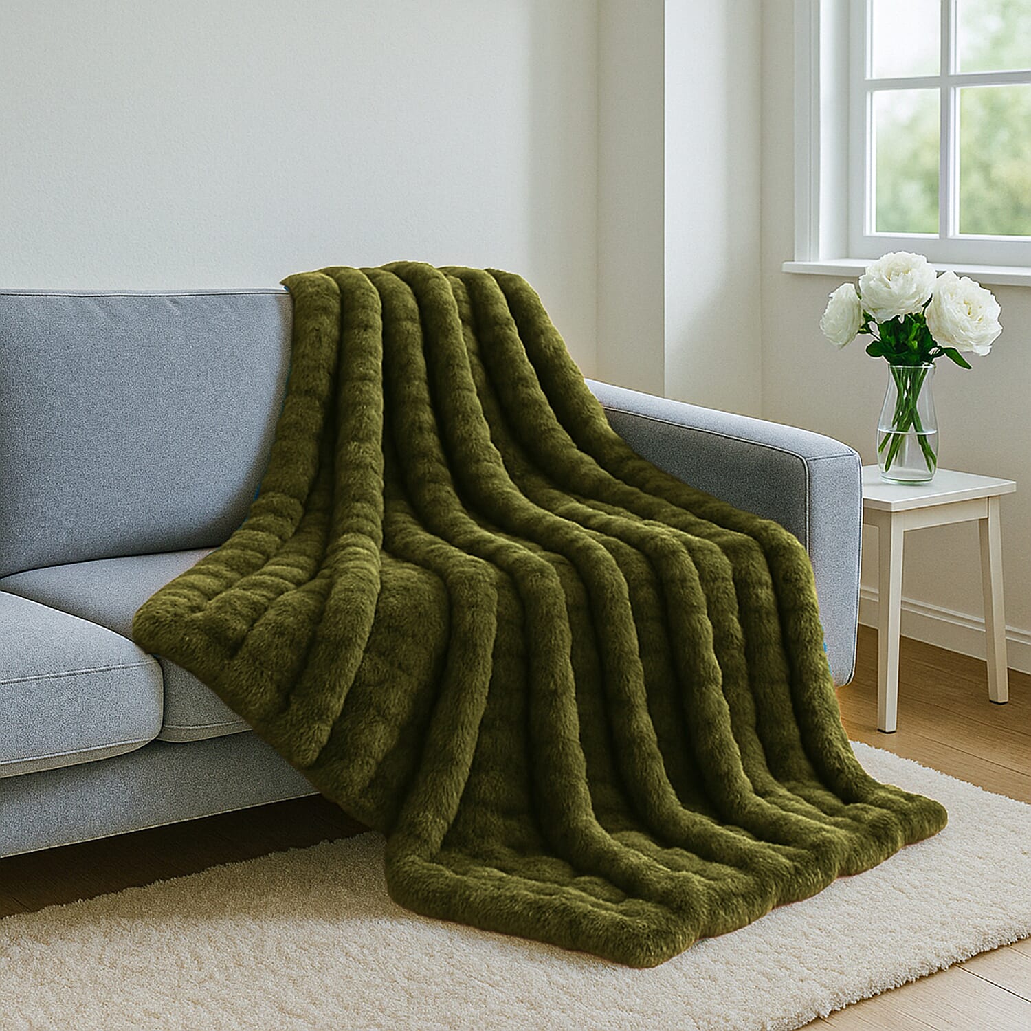 Deluxe Range- 700GSM Super Soft Rabbit Faux Fur Double Layer Blanket (Size 200x150) - Sage