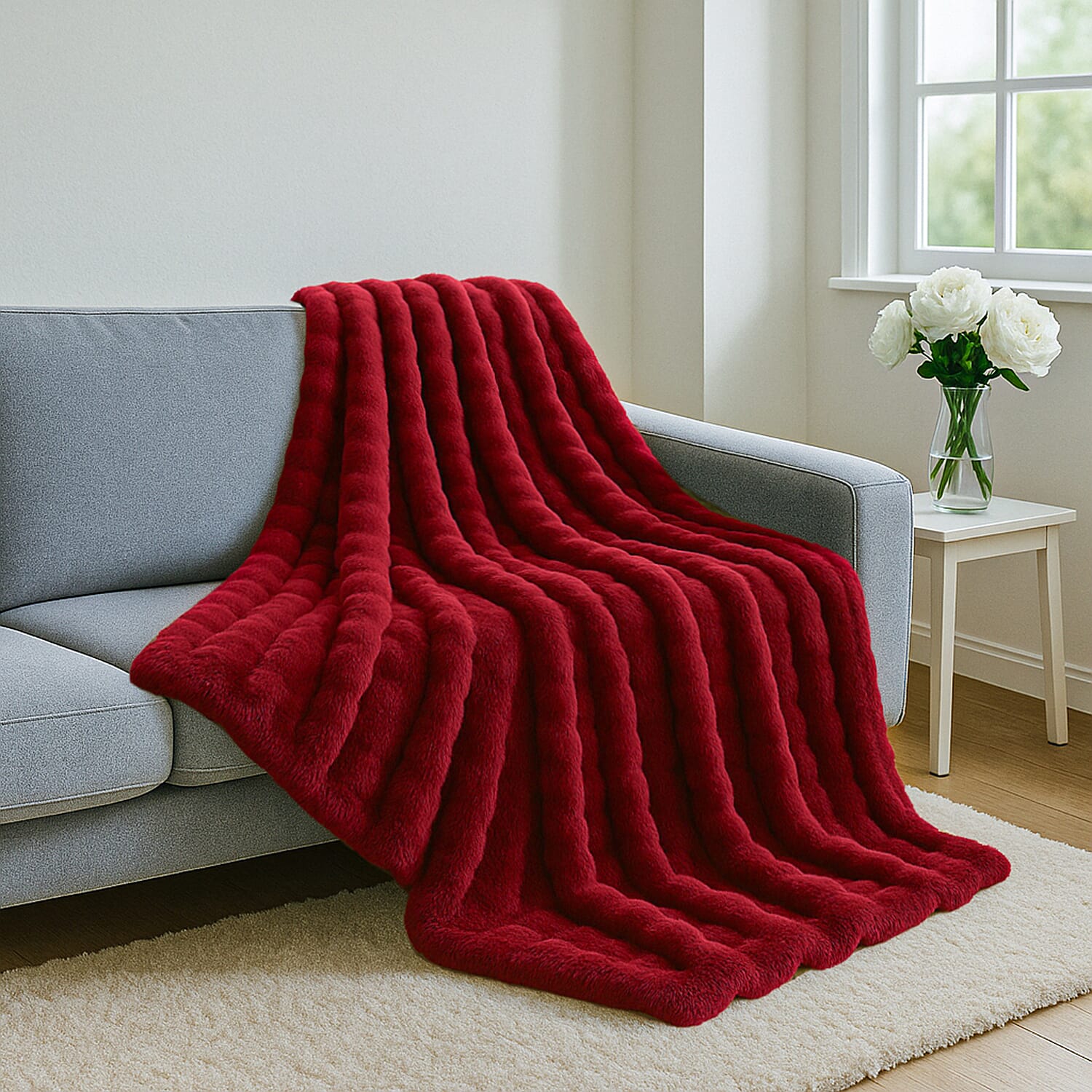 Faux Rabbit fur double layer blanket (Size 150 x 200 cm) - Burgundy & Cream