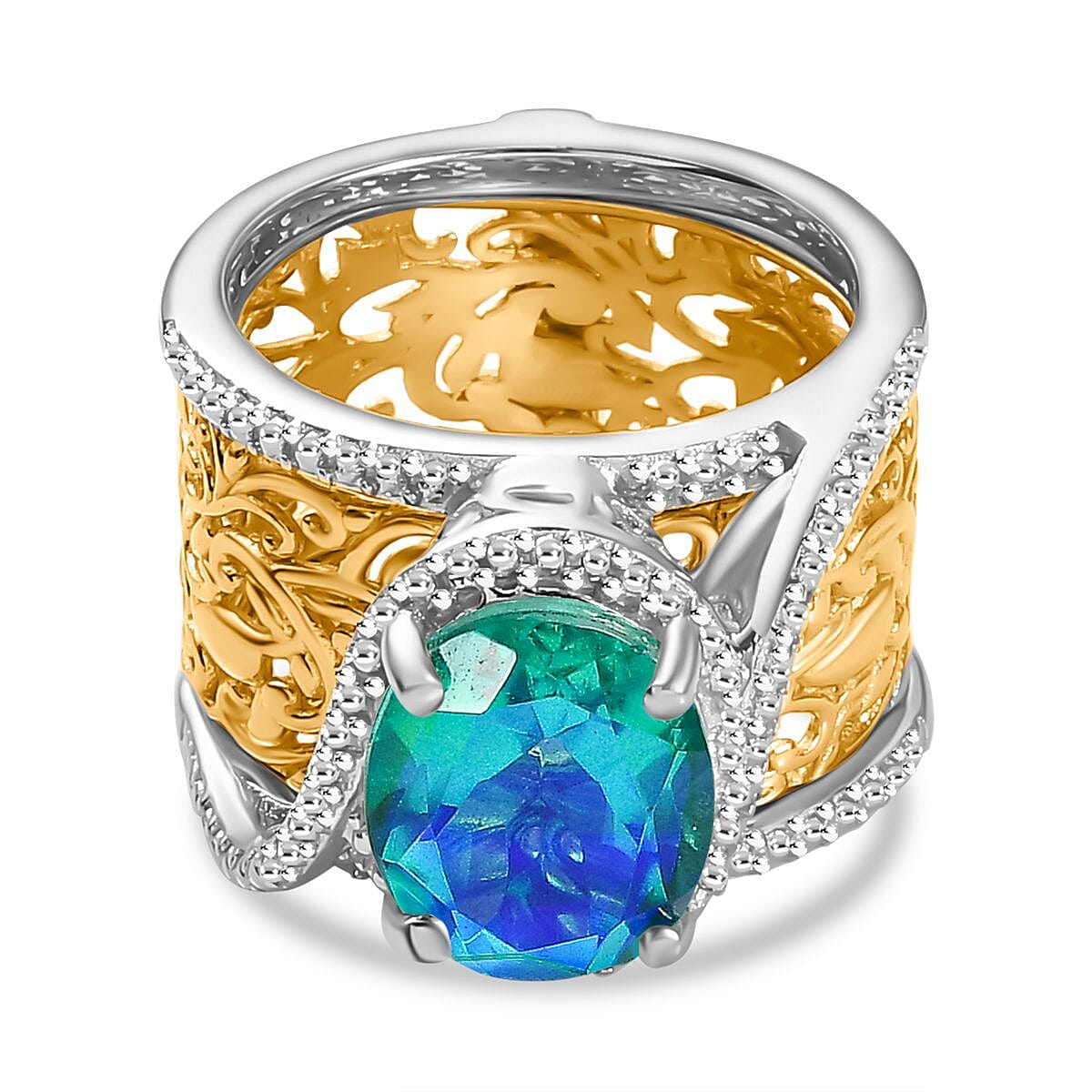 Peacock Triplet Quartz Vine Leaf Pattern Solitaire Ring