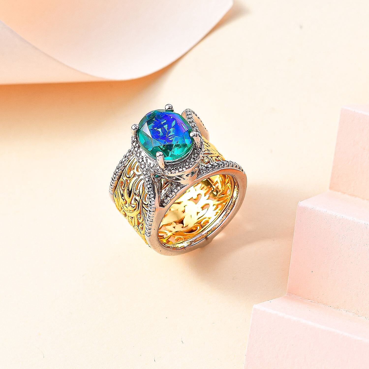 Peacock Triplet Quartz Vine Leaf Pattern Solitaire Ring