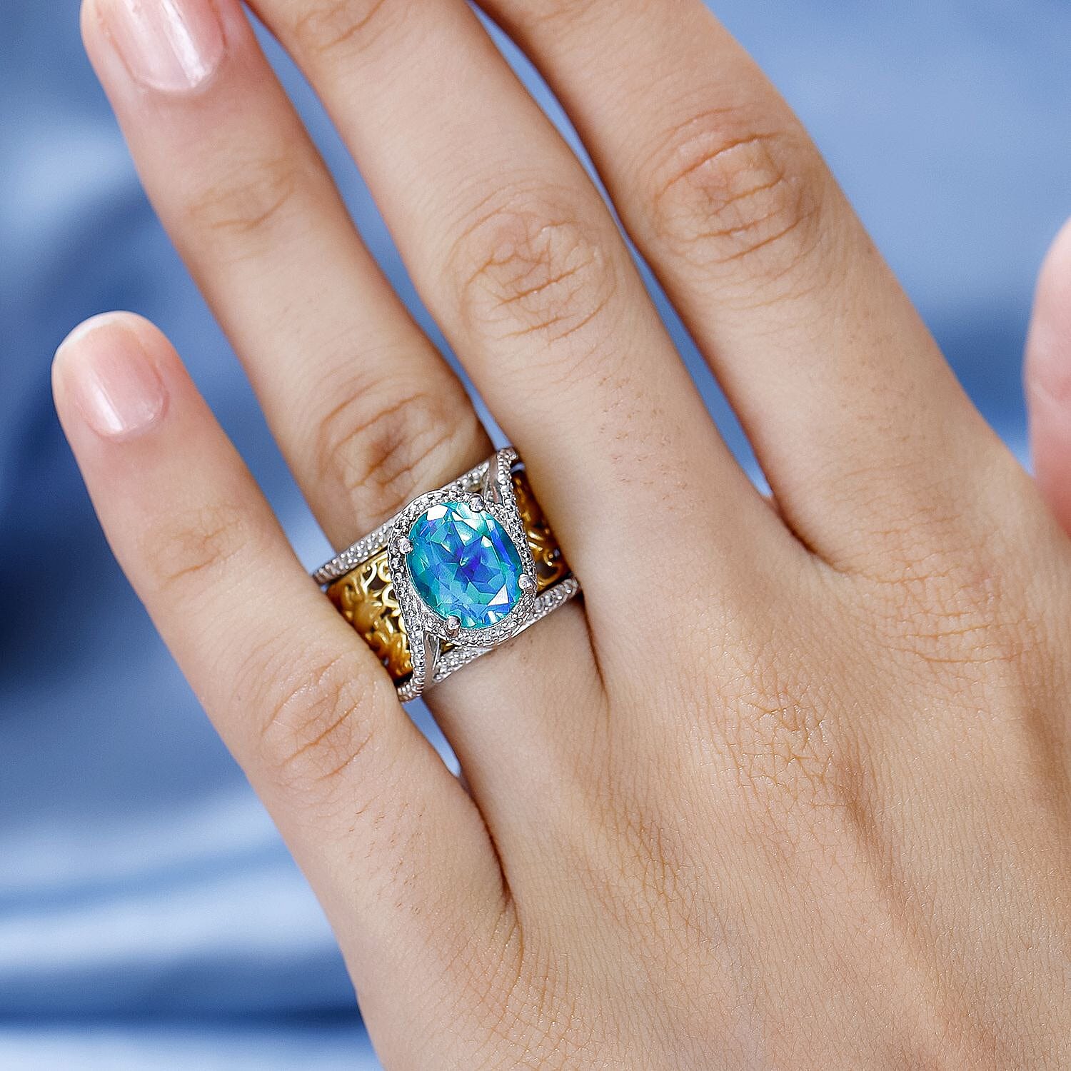 Peacock Triplet Quartz Vine Leaf Pattern Solitaire Ring