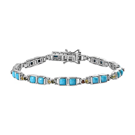 Arizona Sleeping Beauty Turquoise & Multi-Tourmaline Tennis Bracelet (Size - 8) in Rhodium Overlay Sterling Silver 5.12 Ct, Silver Wt. 13.62 Gms