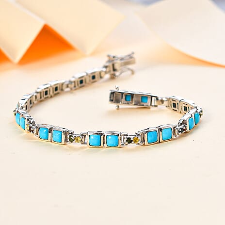 Arizona Sleeping Beauty Turquoise & Multi-Tourmaline Tennis Bracelet (Size - 8) in Rhodium Overlay Sterling Silver 5.12 Ct, Silver Wt. 13.62 Gms