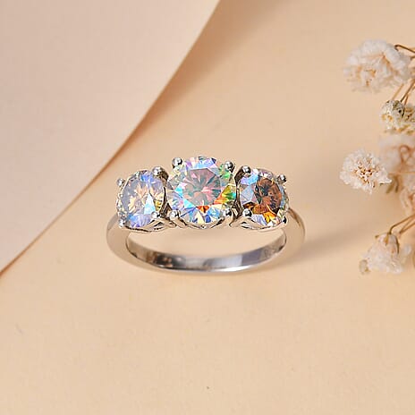 Dichroic Mystic Fire Luminous Moissanite Trilogy Ring in Rhodium Overlay Sterling Silver 2.69 Ct