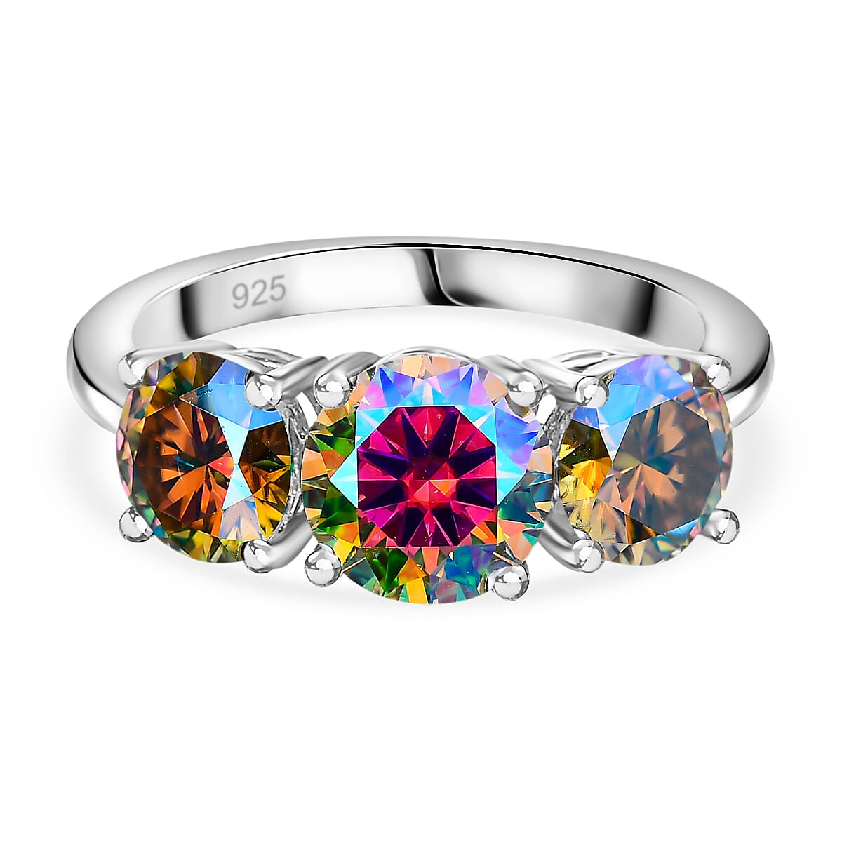 Dichroic Luminous Moissanite 3-stone Ring in Rhodium Overlay Sterling Silver 2.688 Ct.