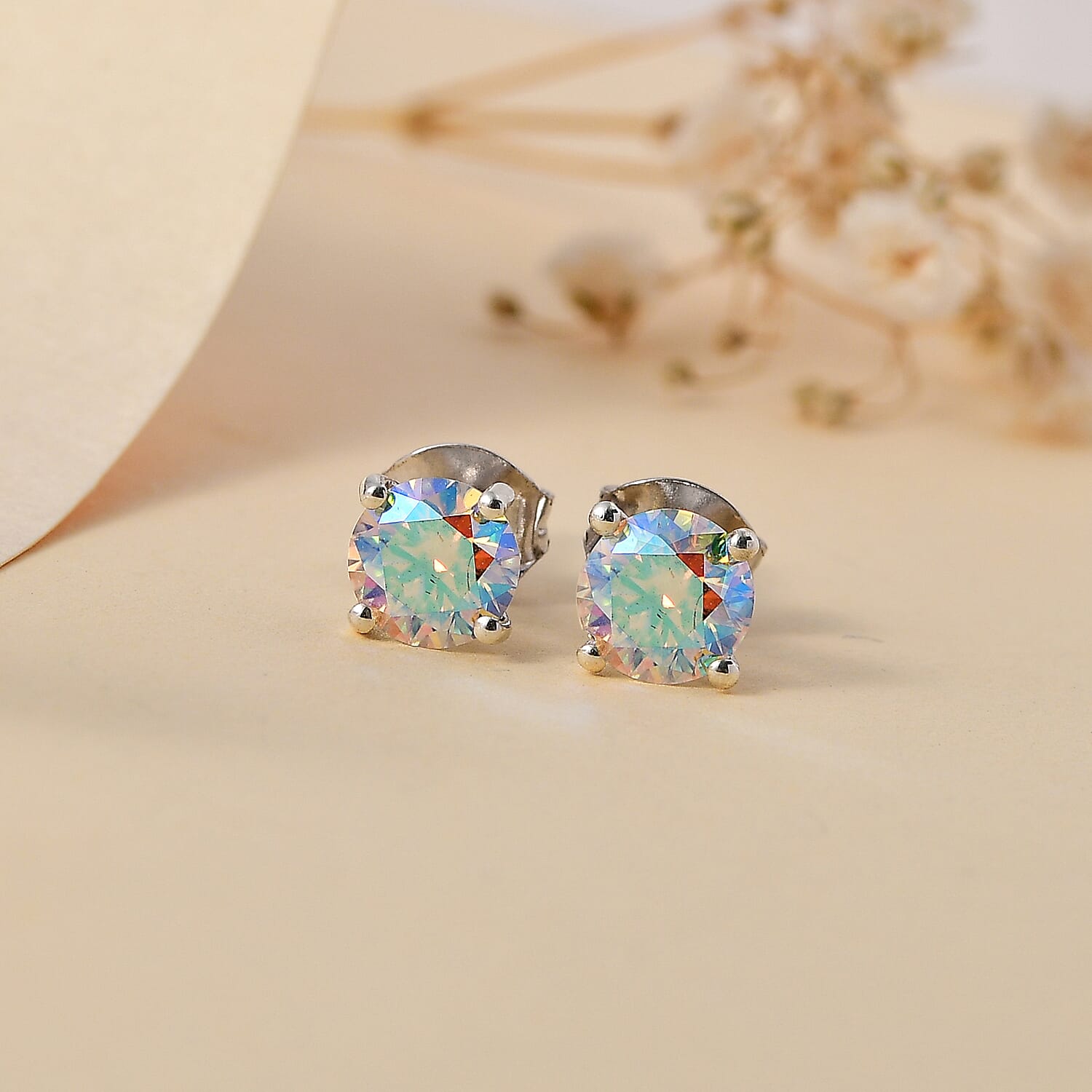 Dichroic Luminous Moissanite Solitaire Stud Earrings With Push Back in Rhodium Overlay Sterling Silver 1.50 Ct
