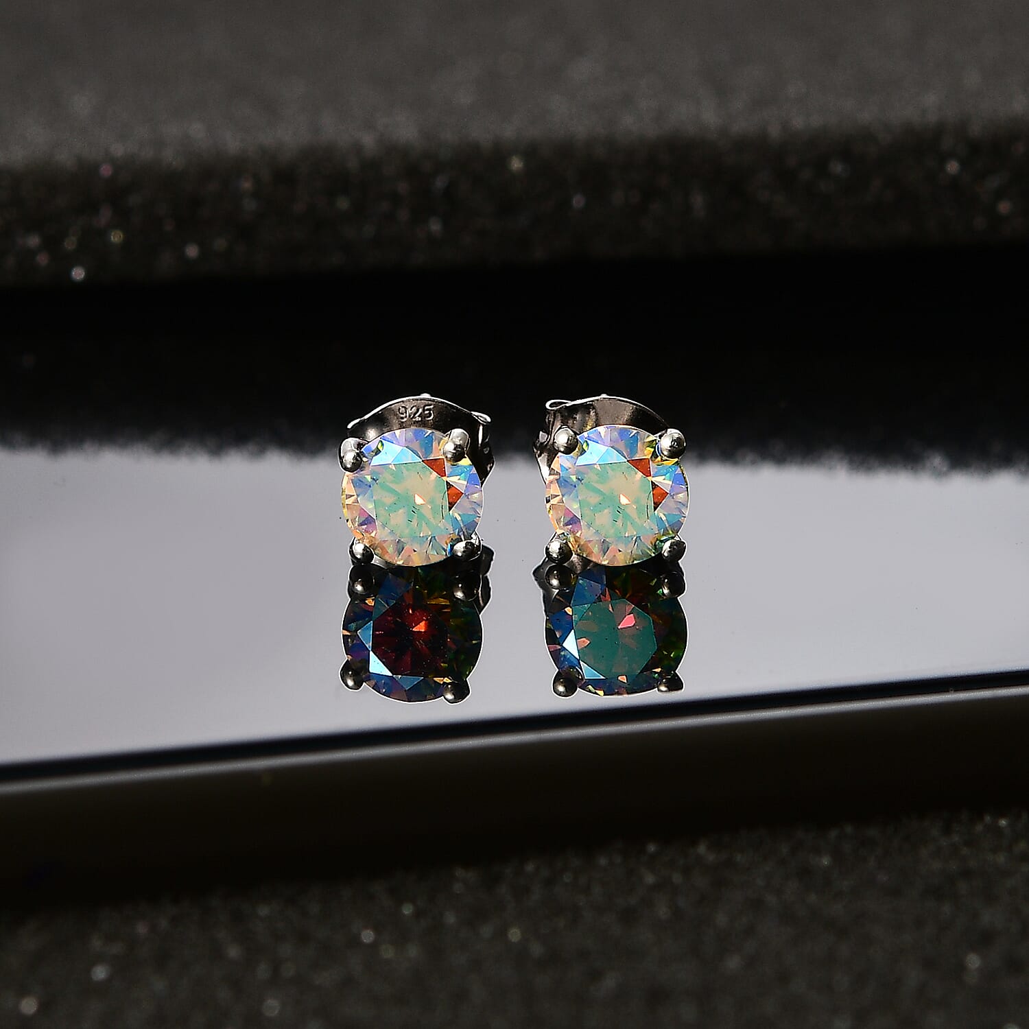 Dichroic Luminous Moissanite Solitaire Stud Earrings With Push Back in Rhodium Overlay Sterling Silver 1.50 Ct