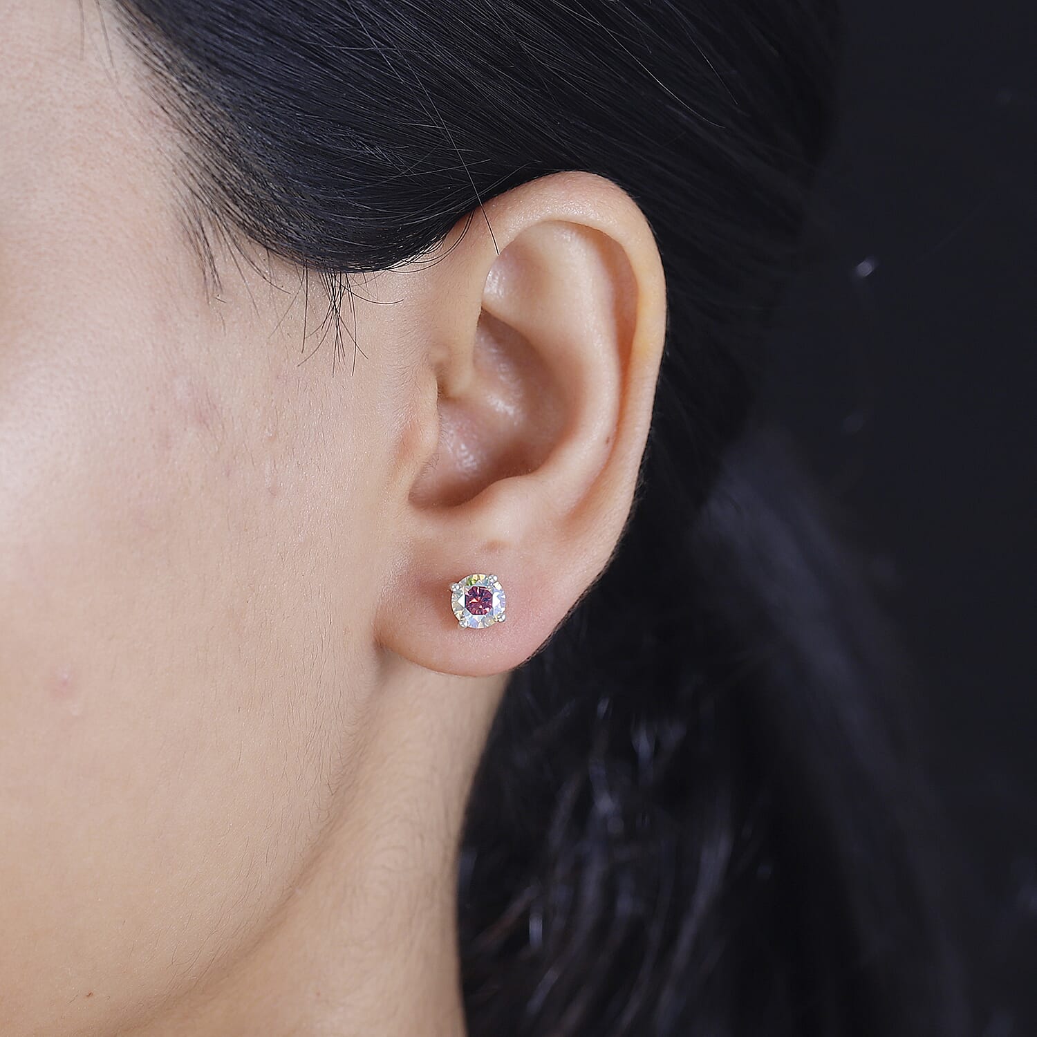 Dichroic Luminous Moissanite Solitaire Stud Earrings With Push Back in Rhodium Overlay Sterling Silver 1.50 Ct