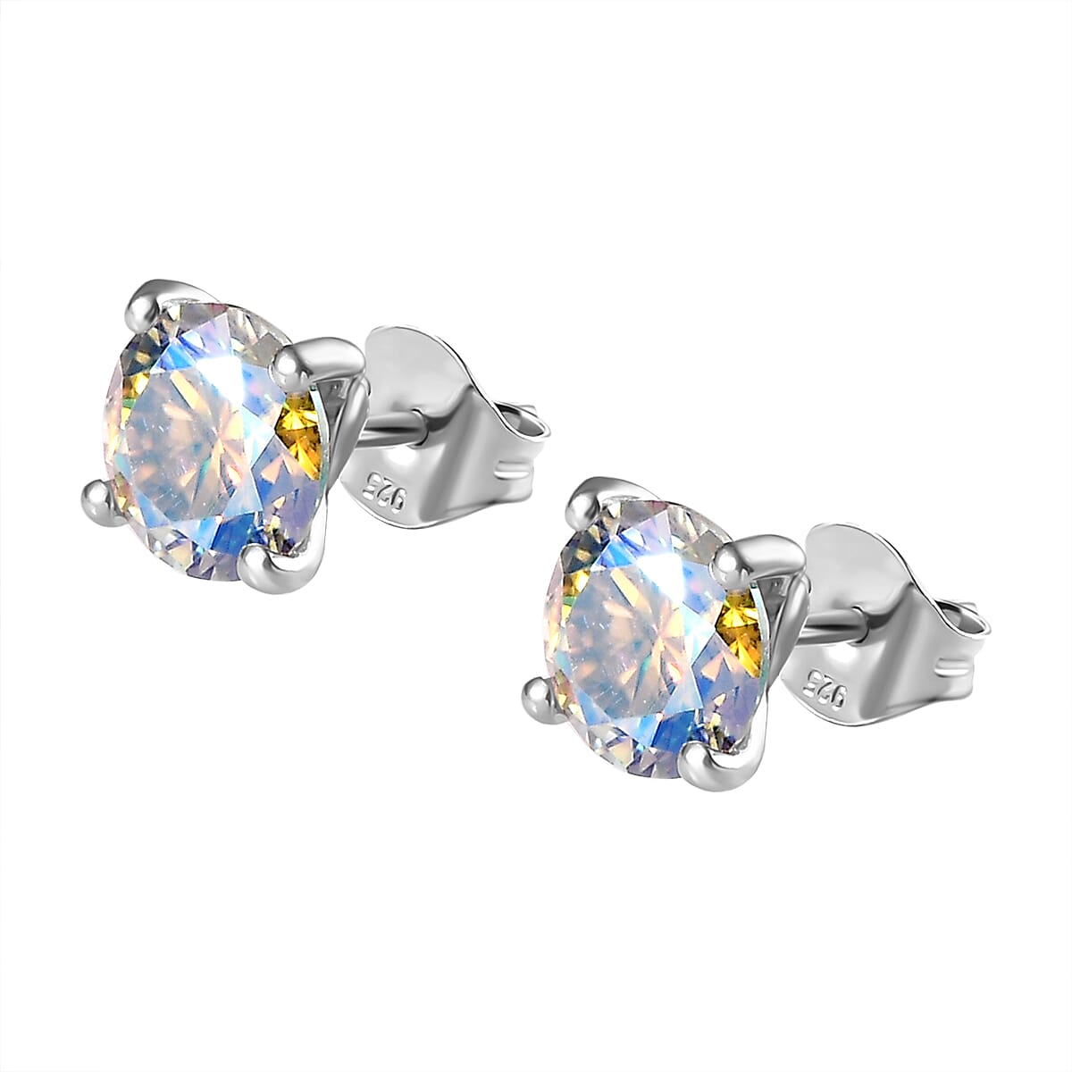Dichroic Luminous Moissanite Solitaire Stud Earrings With Push Back in Rhodium Overlay Sterling Silver 1.50 Ct