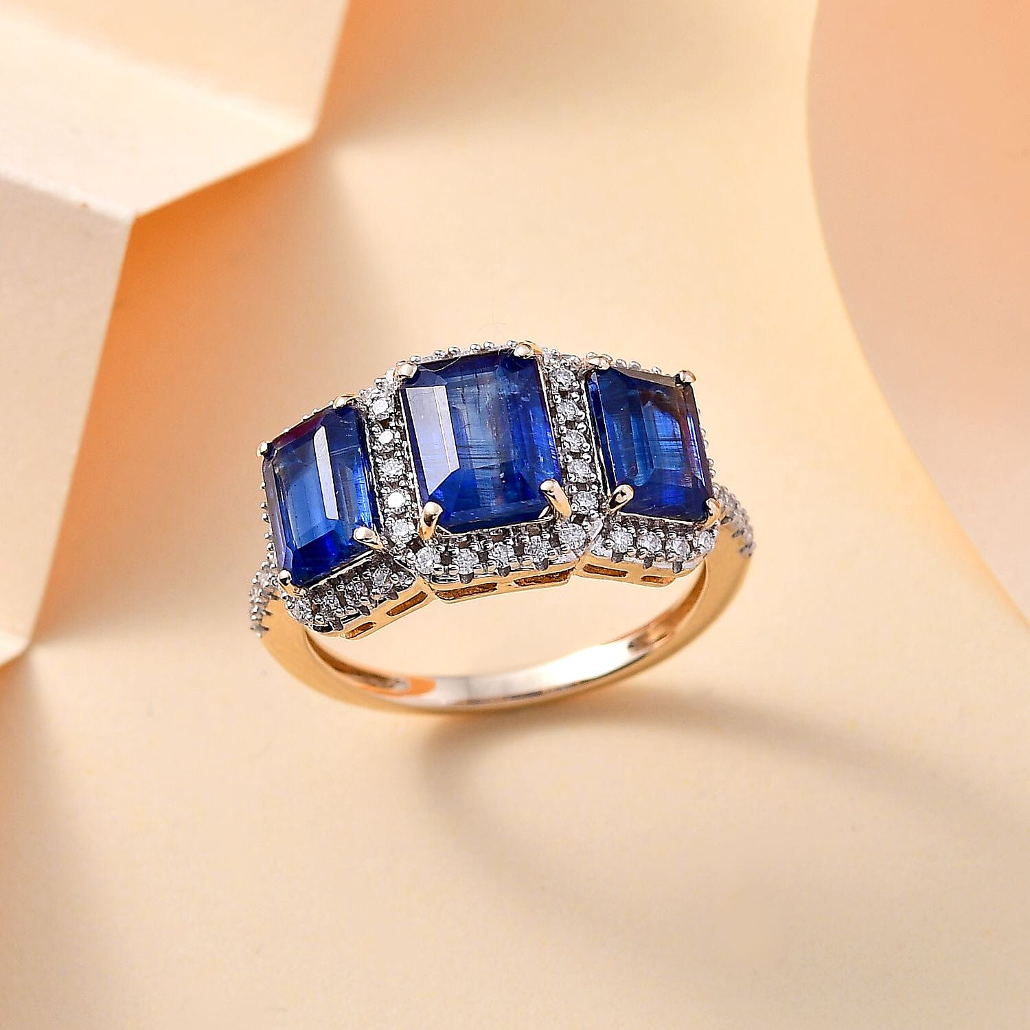 9K Yellow Gold AAA Kyanite & Moissanite Ring 4.64 Ct.