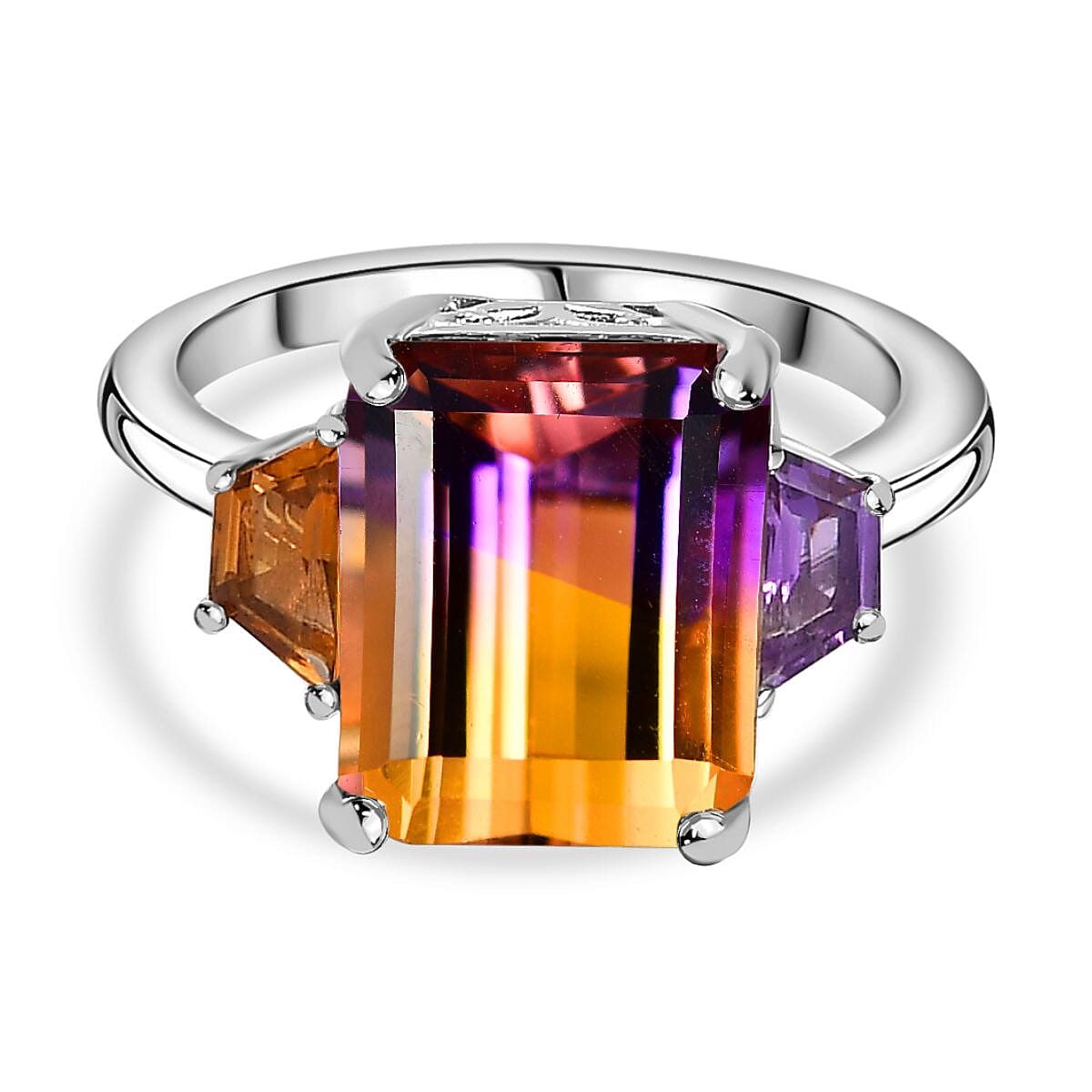 Ametrine,Citrine & Amethyst Ring in Rhodium Overlay Sterling Silver 5.45 Ct