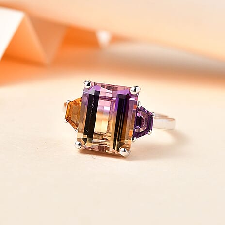 Ametrine,Citrine & Amethyst Ring in Rhodium Overlay Sterling Silver 5.45 Ct