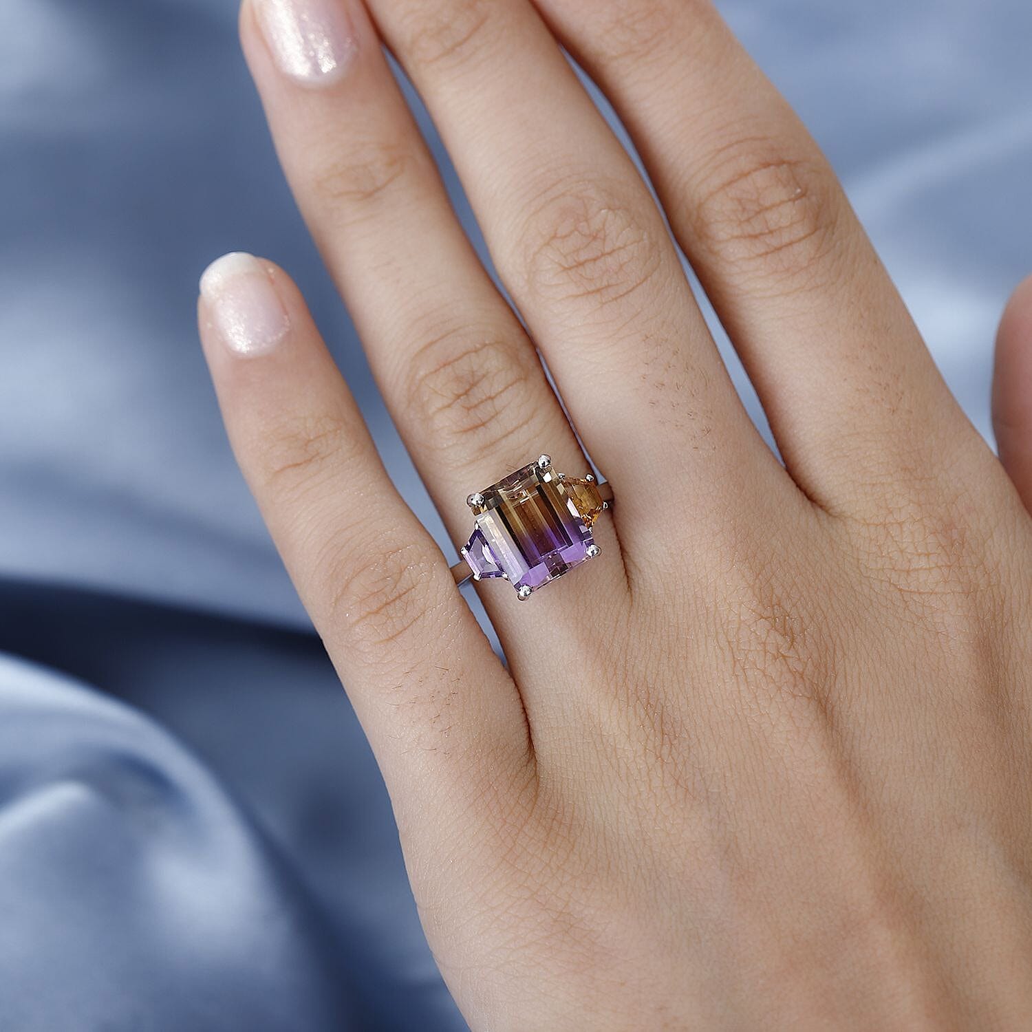 Ametrine,Citrine & Amethyst Ring in Rhodium Overlay Sterling Silver 5.45 Ct