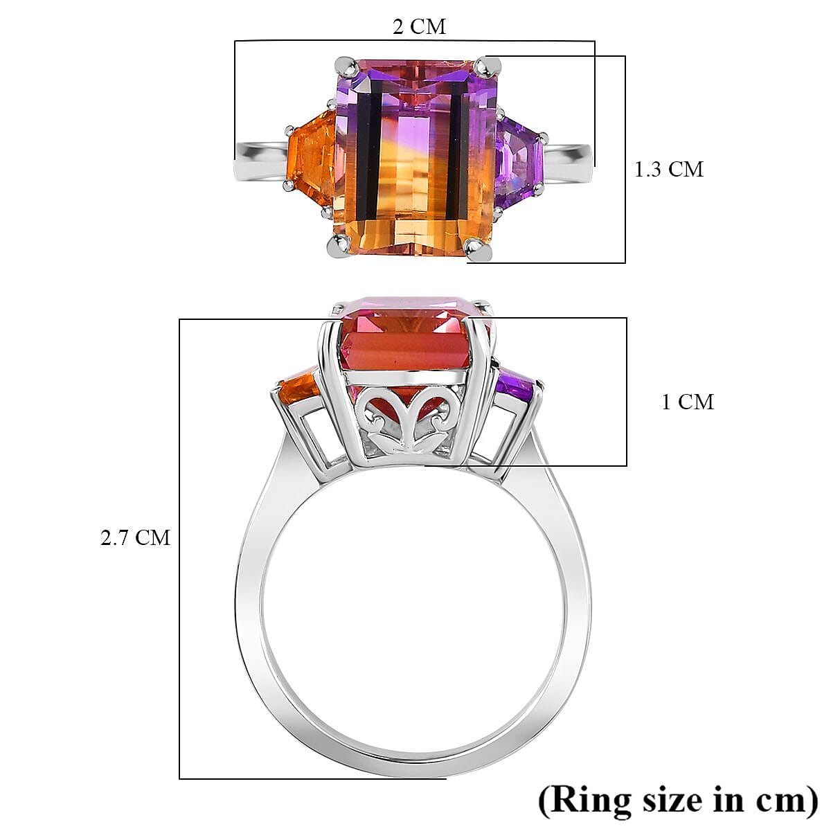 Ametrine,Citrine & Amethyst Ring in Rhodium Overlay Sterling Silver 5.45 Ct