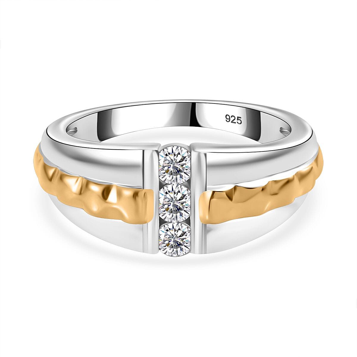 Moissanite 3 Stone Ring in 18K Vermeil YG & Rhodium Plated Sterling Silver
