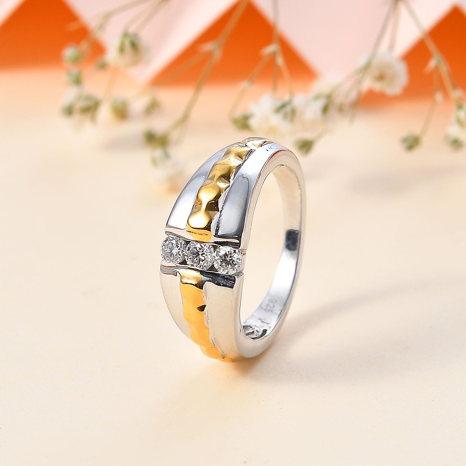 Moissanite 3 Stone Ring in 18K Vermeil YG & Rhodium Plated Sterling Silver