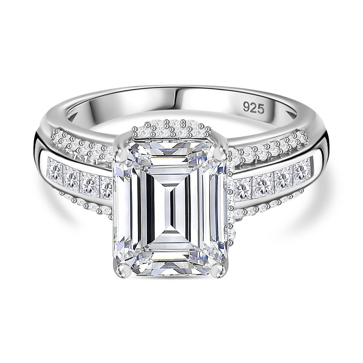 Moissanite Radiant Cut Ring in Platinum Overlay Sterling Silver 4.63 Ct.