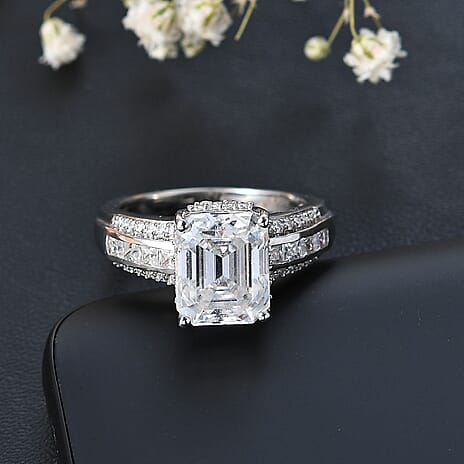 Moissanite Radiant Cut Ring in Platinum Overlay Sterling Silver 4.63 Ct.