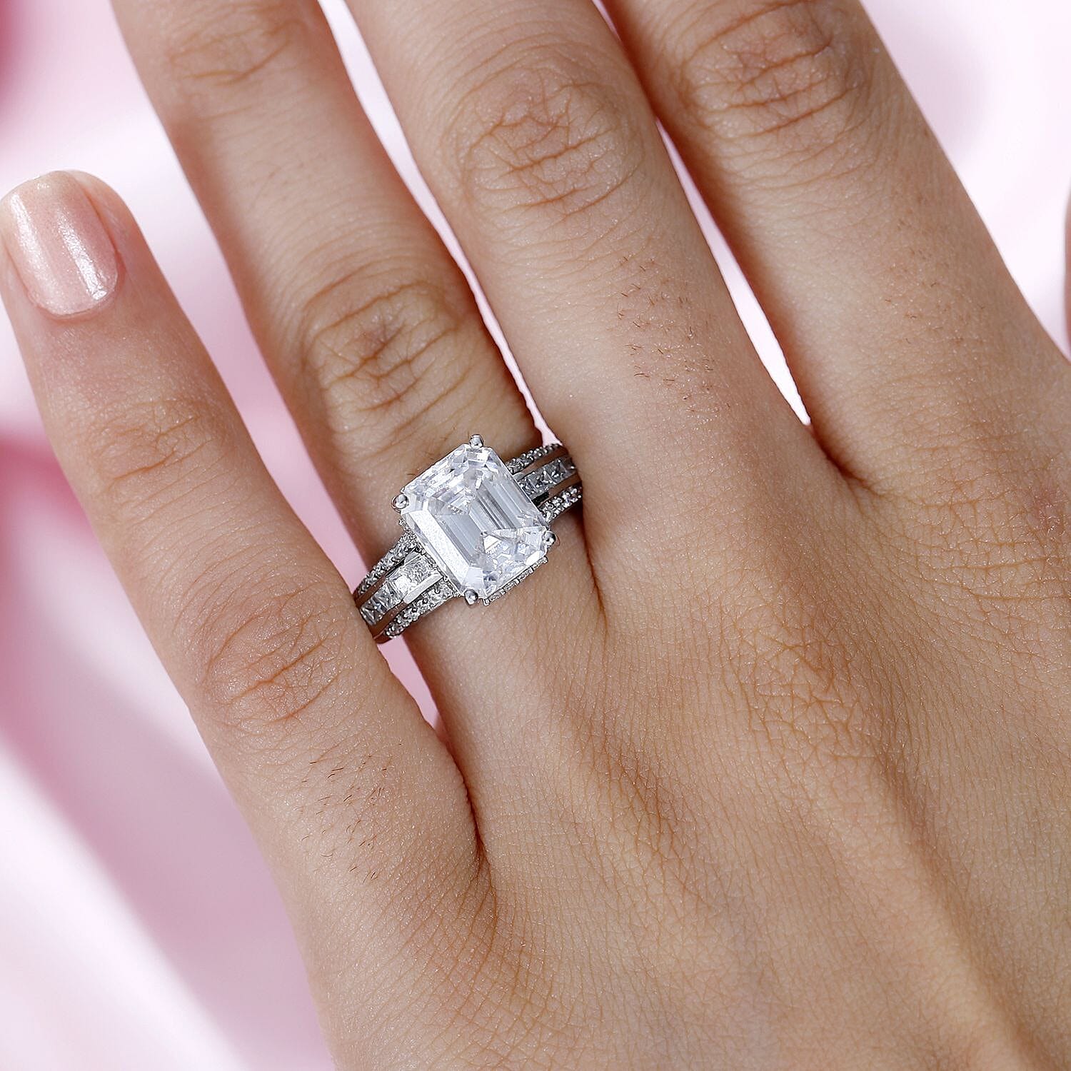 Moissanite Radiant Cut Ring in Platinum Overlay Sterling Silver 4.63 Ct.