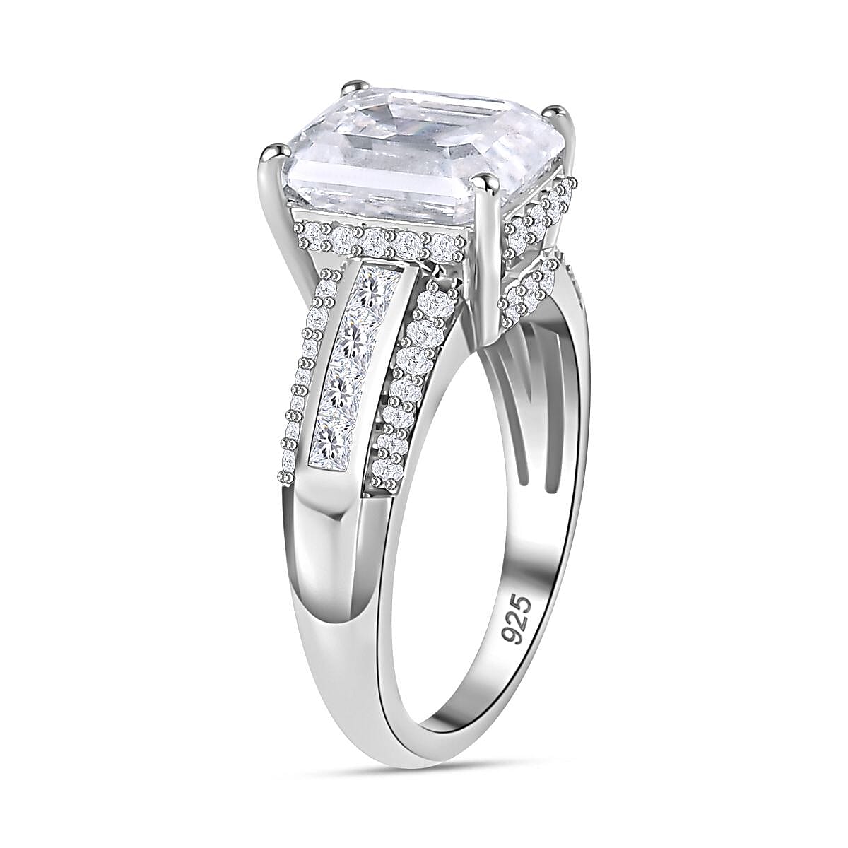 Moissanite Radiant Cut Ring in Platinum Overlay Sterling Silver 4.63 Ct.