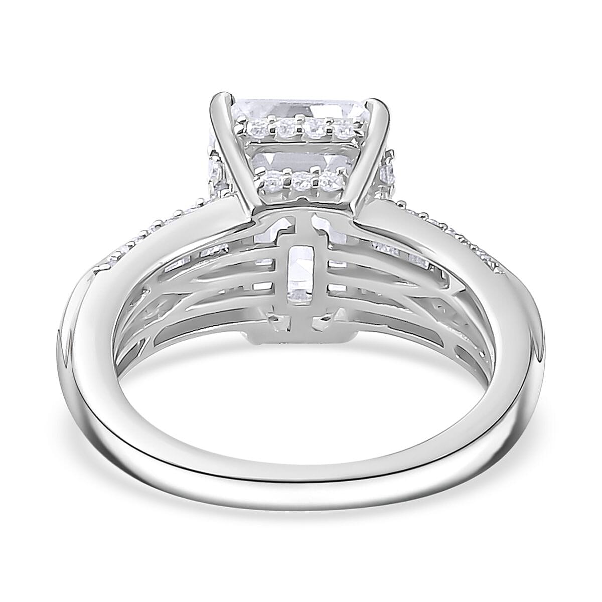 Moissanite Radiant Cut Ring in Platinum Overlay Sterling Silver 4.63 Ct.
