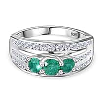 AAA Gemfields Emerald, Natural Zircon Trilogy Ring in Platinum Overlay Sterling Silver