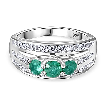 AAA Gemfields Emerald, Natural Zircon Trilogy Ring in Platinum Overlay Sterling Silver