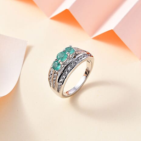 AAA Gemfields Emerald, Natural Zircon Trilogy Ring in Platinum Overlay Sterling Silver 1.80 Ct.