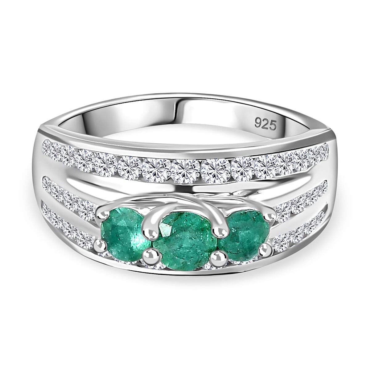 AAA Gemfields Emerald, Natural Zircon Trilogy Ring in Platinum Overlay Sterling Silver