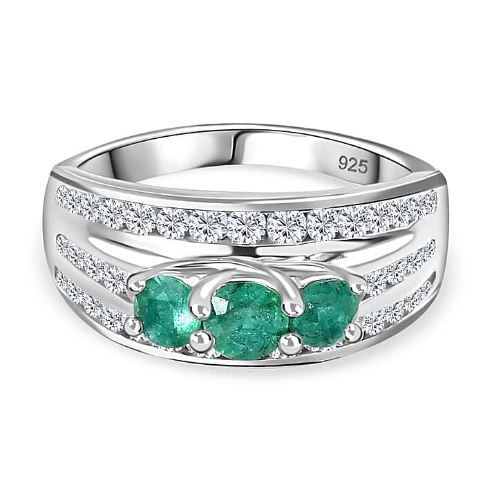 AAA Gemfields Emerald, Natural Zircon Trilogy Ring in Platinum Overlay Sterling Silver