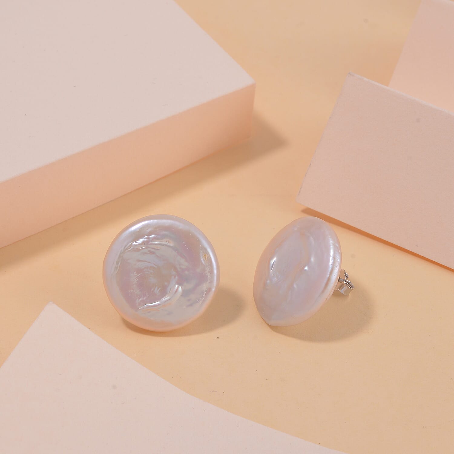 White Keshi Pearl Stud Earrings in Rhodium Overlay Sterling Silver 19.00 Ct