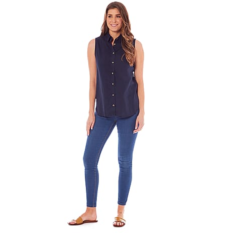 Charlotte West Linen Ladies Sleeveless Top (Size 12) - Navy
