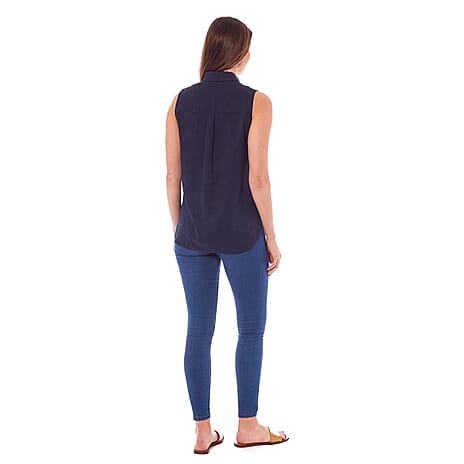 Charlotte West Linen Ladies Sleeveless Top (Size 12) - Navy