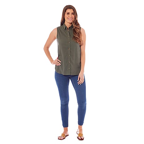 Charlotte West Linen Ladies Sleeveless Top (Size 12) - Khaki